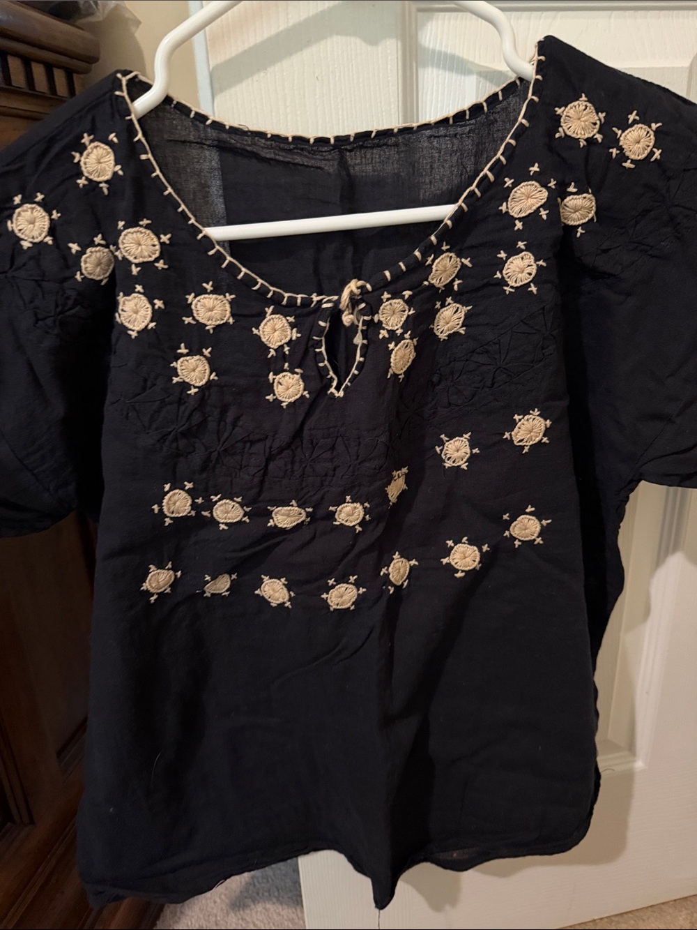 MEXICANA  black Peasant Blouse with Cream Embroidery